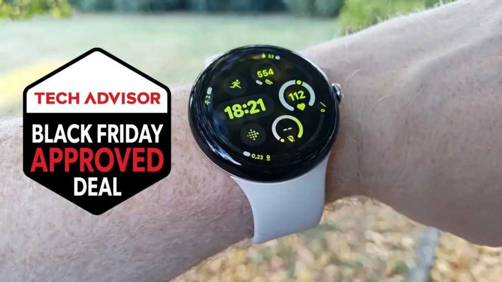 Google Pixel Watch 3 next to Tech Advisor Black Friday Approved Deal badge