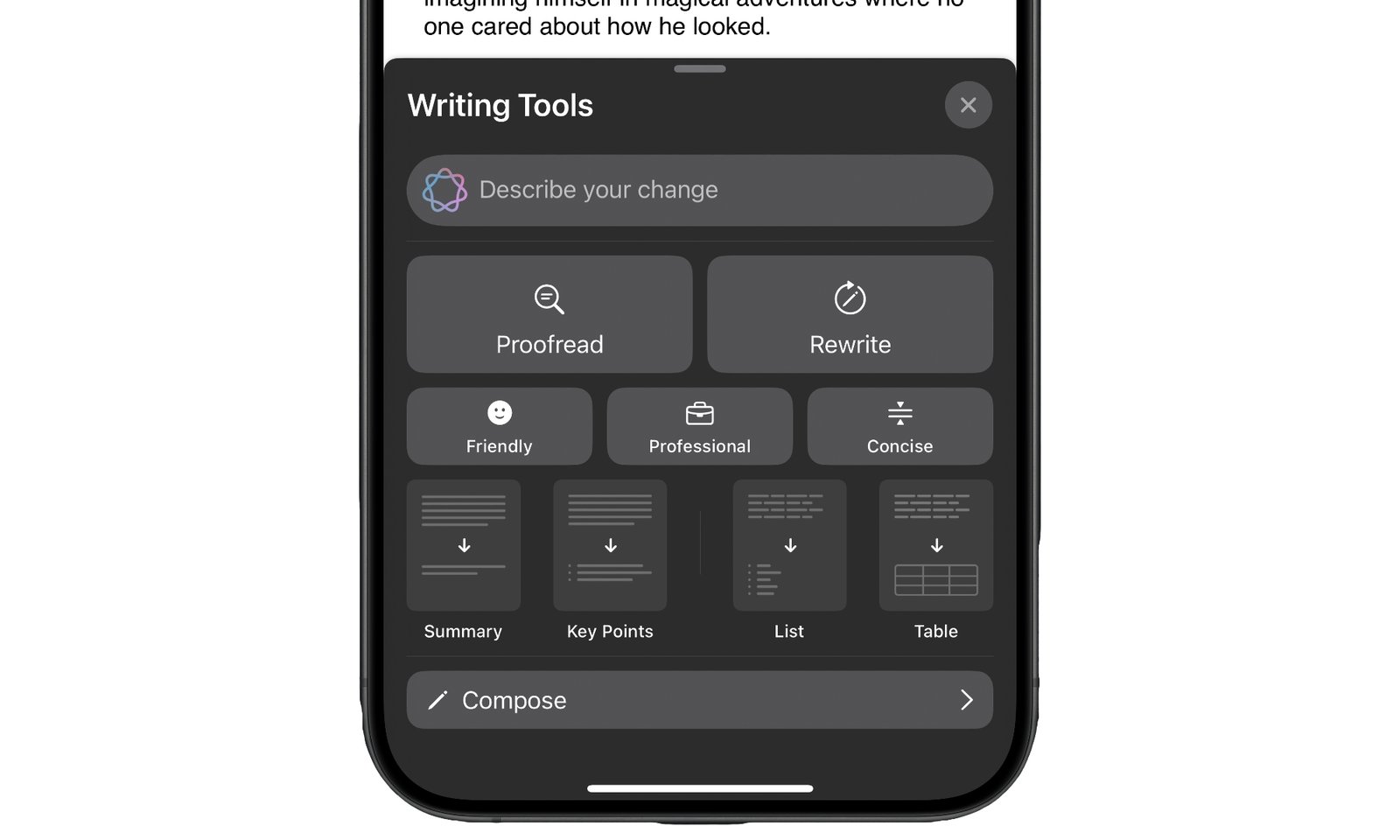 Apple Intelligence Writing Tools in Pages iPhone