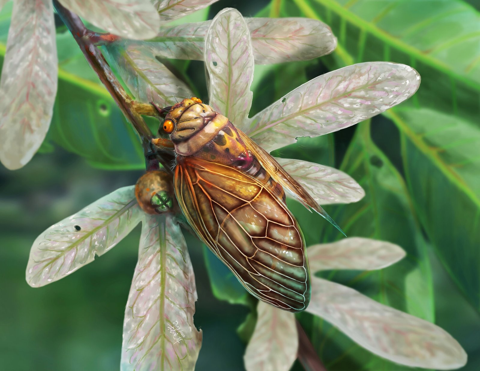 Illustration of ancient cicada on plant leaf