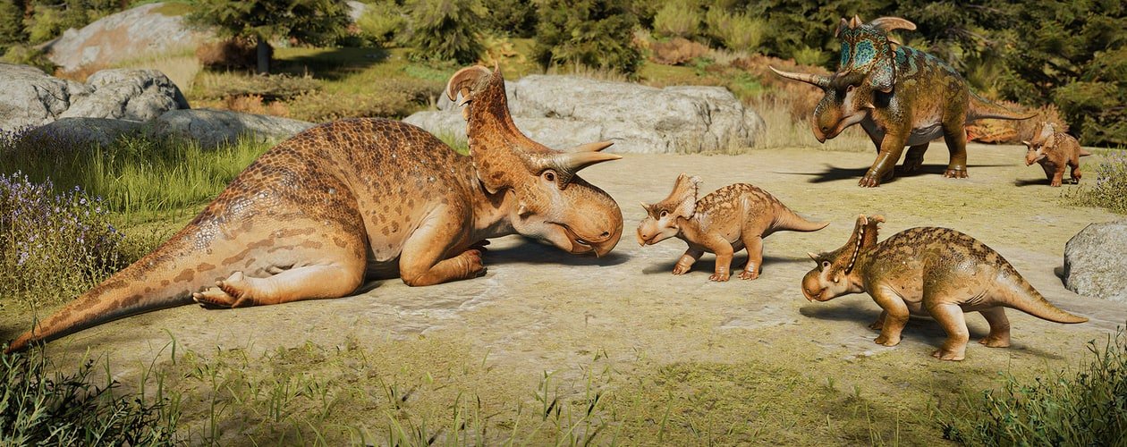 Jurassic World Evolution 3 Lokiceratops family header