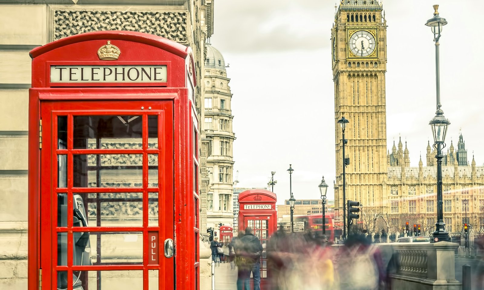 UK London telephone box with Big Ben in background