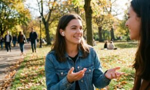 A smiling woman in a denim jacket wearing AirPods Pro earbuds and gesturing while having a conversation with a friend in a sunny autumn park, demonstrating the Conversation Awareness feature.